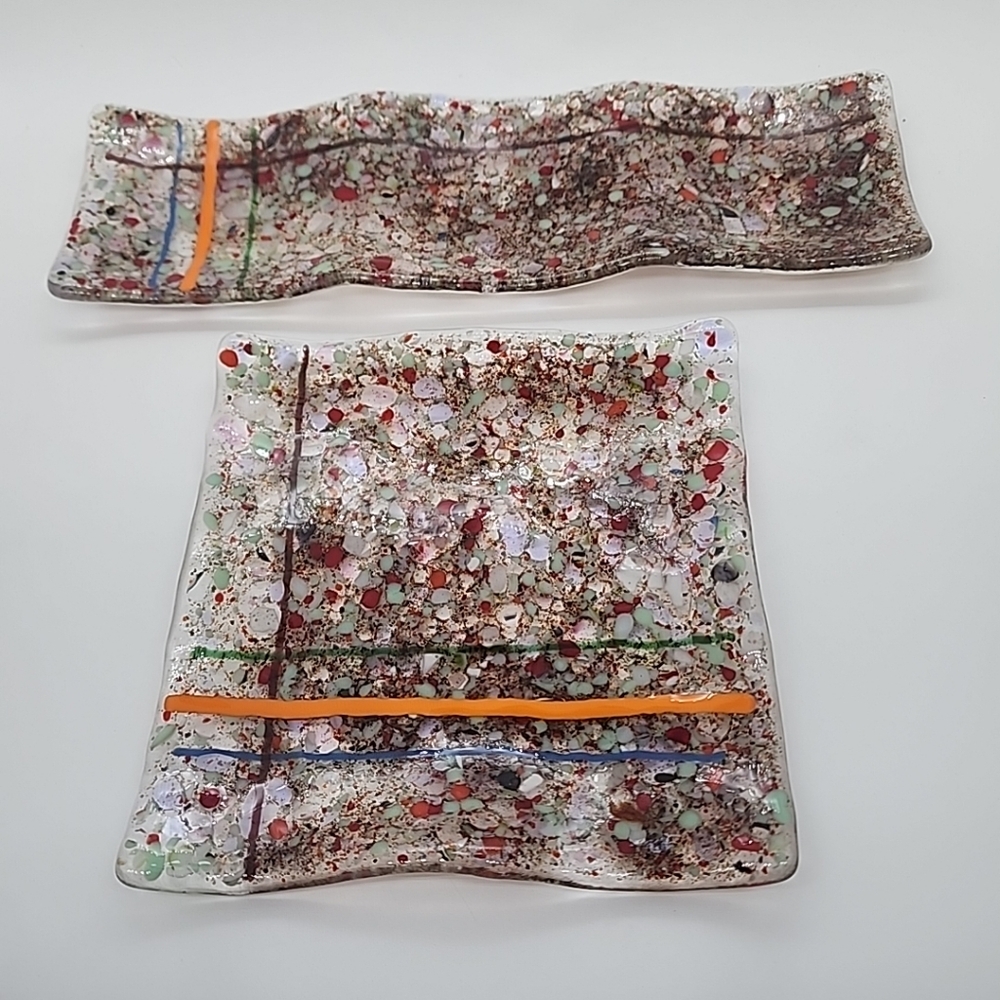 Vintage MCM Fused Art Glass Clear Bright Multicolor Glass Edged 2 PC Plate Set.